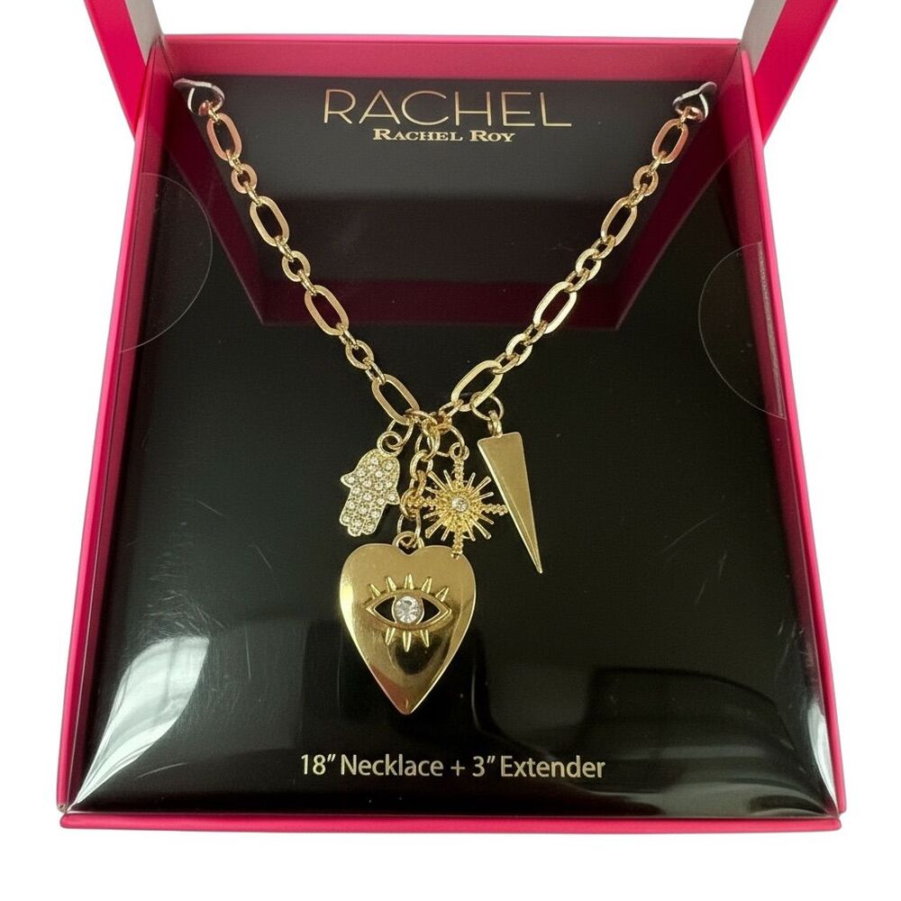 Rachel Roy Gold Charm Necklace Heart Eye Sunburst Geometric 18" + 3” extender